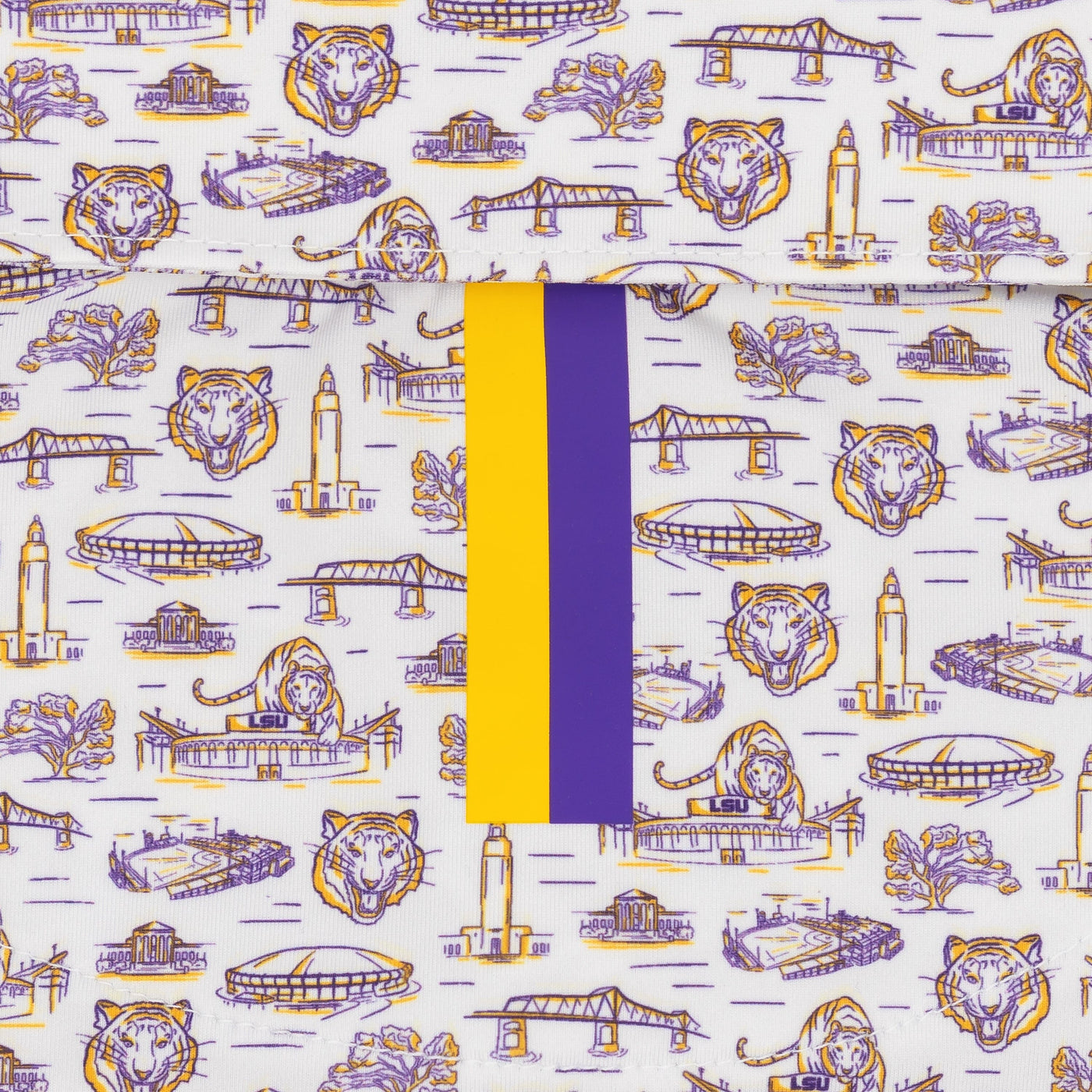 The RHOBACK LSU Baton Rouge | Collegiate Polo - White/Reauxback Purple features white performance fabric with purple and gold tiger heads, buildings, bridges, and bold central gold and purple stripes for a spirited LSU look.