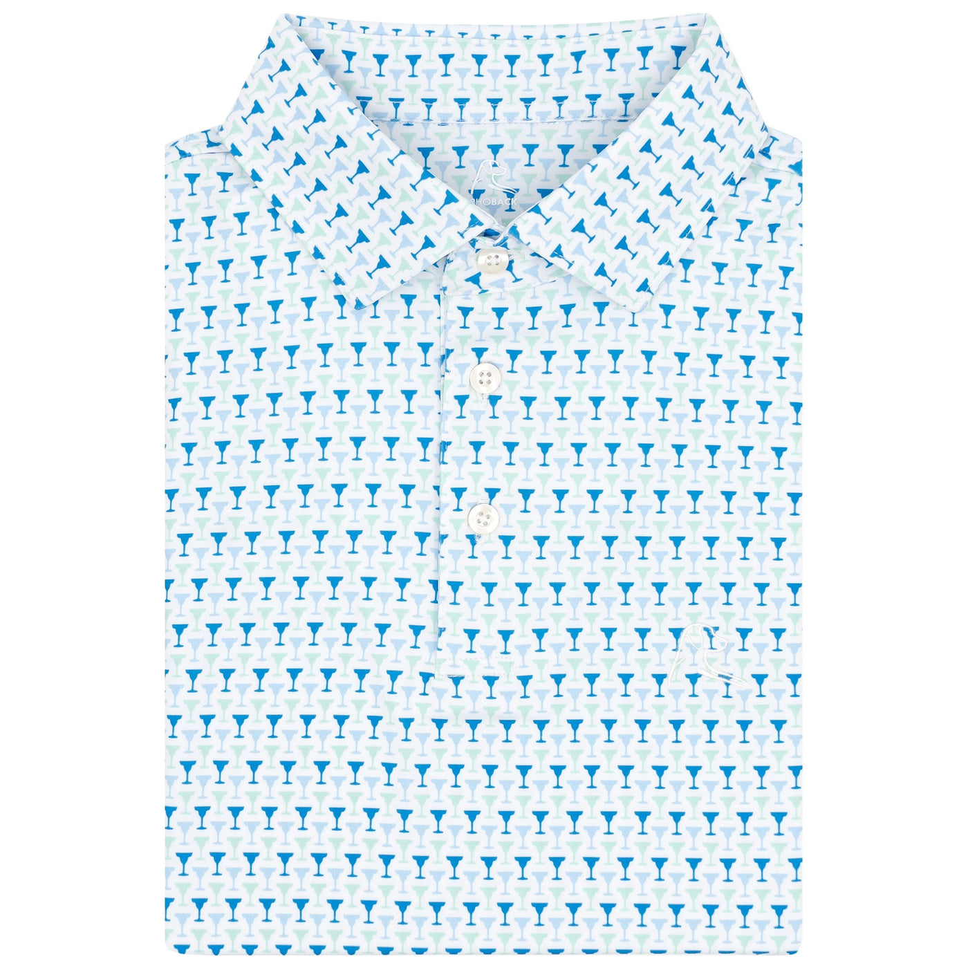 The RHOBACK The Marg Performance Polo in White/Birdie Blue features a folded design with blue and white martini glasses, a button-up collar, short sleeves, sun protection, and moisture-wicking comfort for all-day wear.