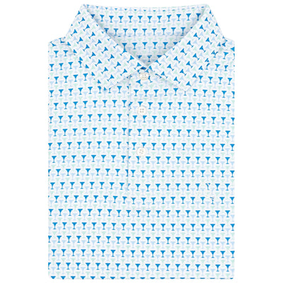 The RHOBACK The Marg Performance Polo in White/Birdie Blue features a folded design with blue and white martini glasses, a button-up collar, short sleeves, sun protection, and moisture-wicking comfort for all-day wear.