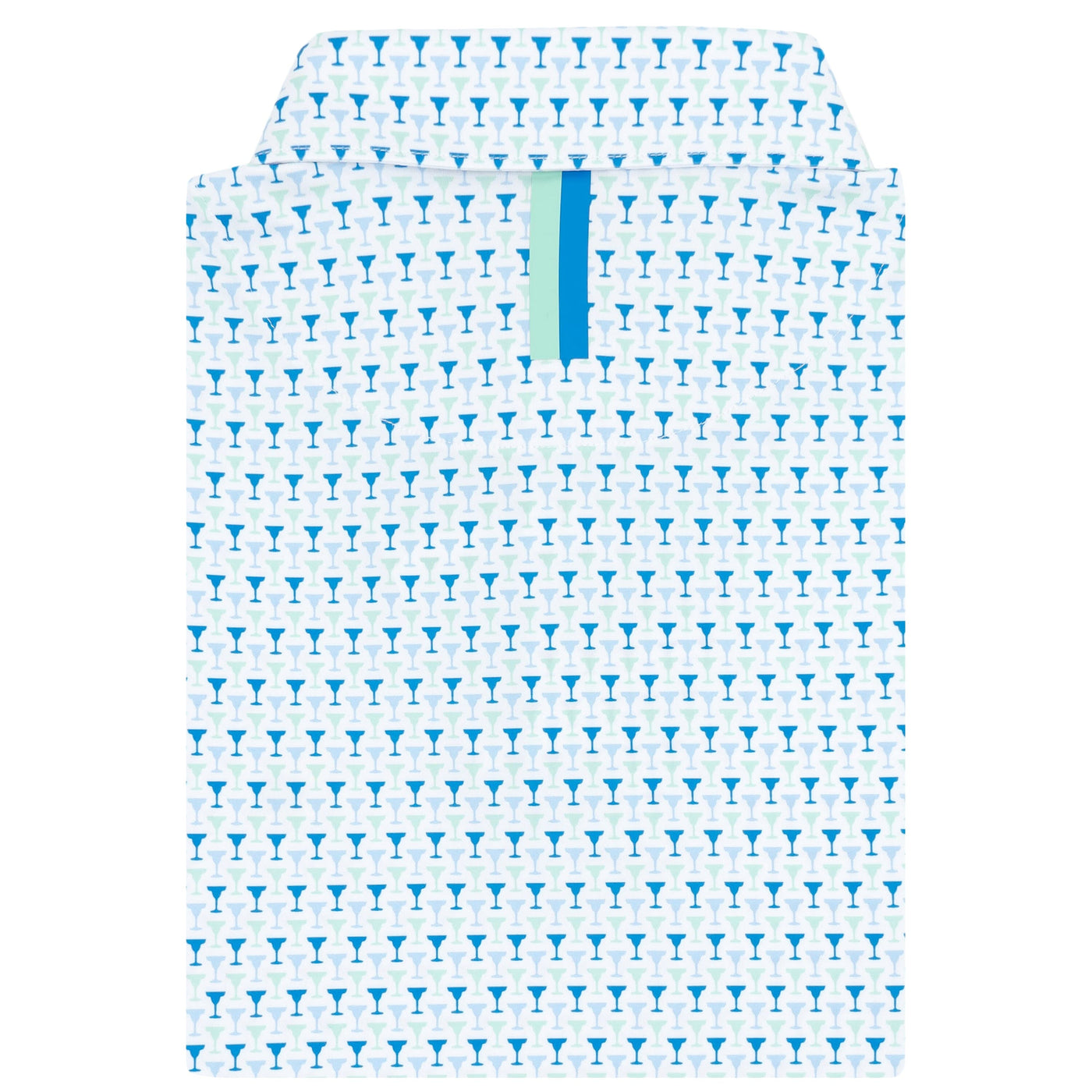 The RHOBACK The Marg Performance Polo in White/Birdie Blue features moisture-wicking fabric and a playful blue martini glass pattern on white, accented by a turquoise vertical stripe near the collar.