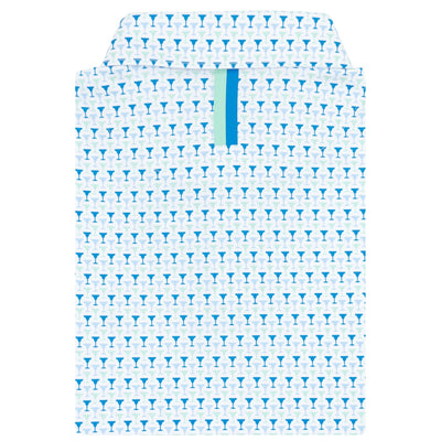 The RHOBACK The Marg Performance Polo in White/Birdie Blue features moisture-wicking fabric and a playful blue martini glass pattern on white, accented by a turquoise vertical stripe near the collar.