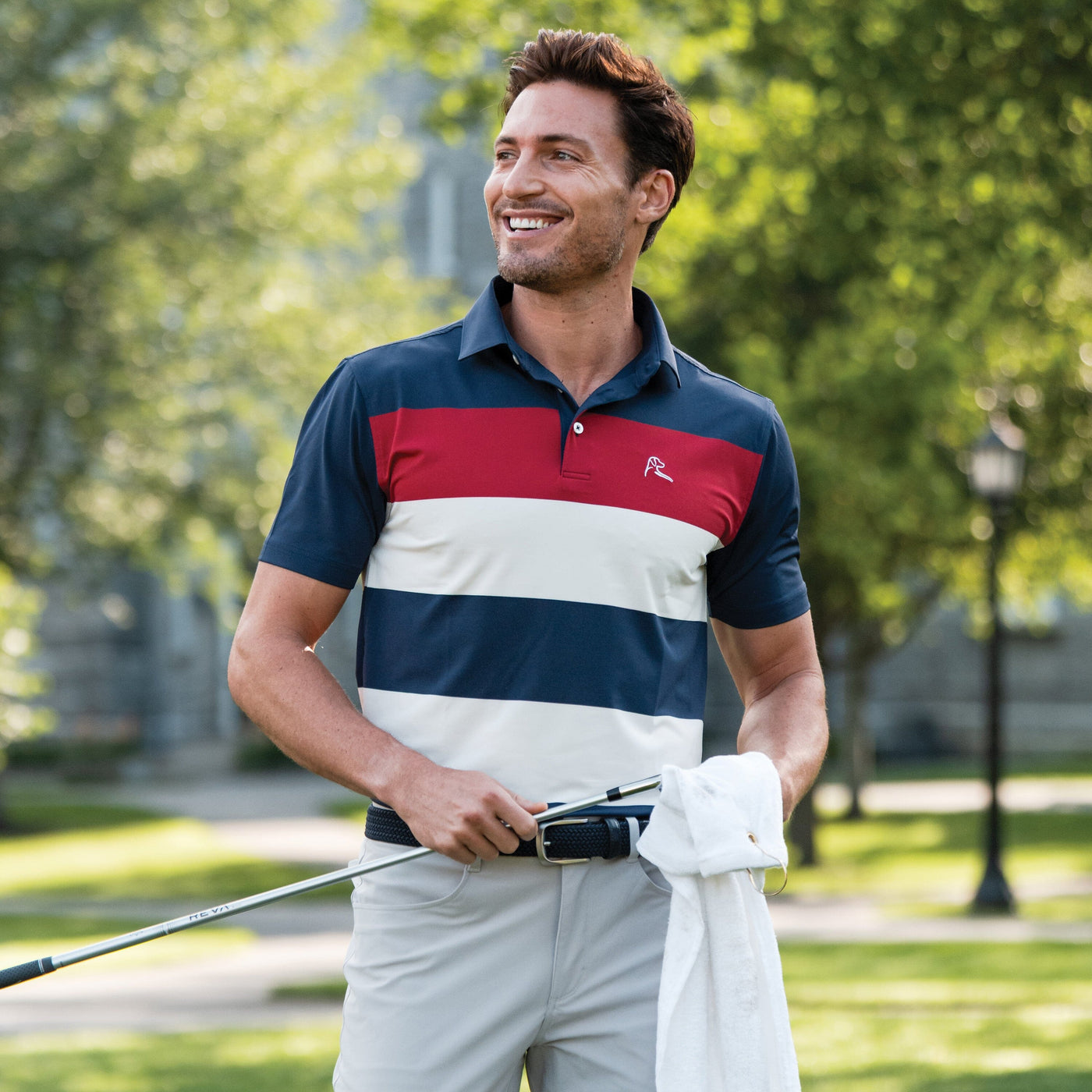 The Cannon Stripe | Performance Polo | The Cannon Stripe - Fleet Navy/Ivory/Cardinal Red