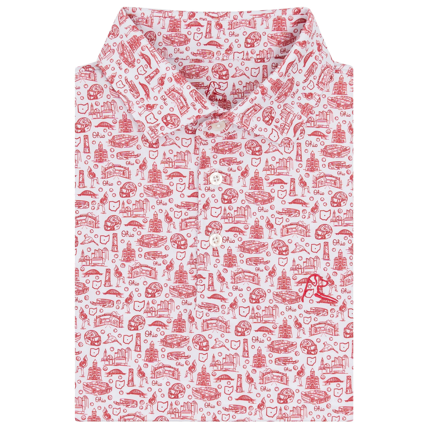The RHOBACK Ohio State Buckeye Nation® Collegiate Polo in White/Roar Red features a moisture-wicking fabric, classic collar, and stylishly comfortable design—perfect for showcasing Buckeye pride with casual elegance.