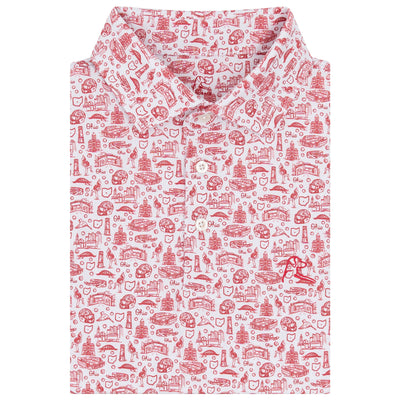 The RHOBACK Ohio State Buckeye Nation® Collegiate Polo in White/Roar Red features a moisture-wicking fabric, classic collar, and stylishly comfortable design—perfect for showcasing Buckeye pride with casual elegance.