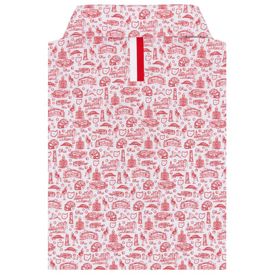 The RHOBACK The Ohio State Buckeye Nation® Collegiate Polo in White/Roar Red features moisture-wicking fabric and a red zipper, keeping you cool and stylish while showcasing your Buckeye pride.