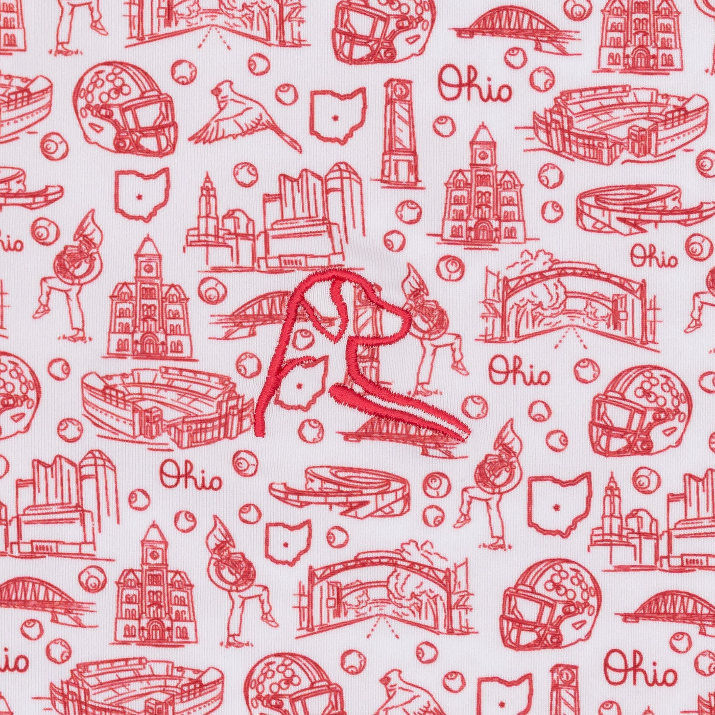 Stay cool and comfortable all day in the RHOBACK Ohio State Buckeye Nation® Collegiate Polo—White/Roar Red, featuring moisture-wicking fabric and a white base with red line drawings of Ohio landmarks, helmets, cardinals, and “Ohio.”.