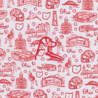 Stay cool and comfortable all day in the RHOBACK Ohio State Buckeye Nation® Collegiate Polo—White/Roar Red, featuring moisture-wicking fabric and a white base with red line drawings of Ohio landmarks, helmets, cardinals, and “Ohio.”.