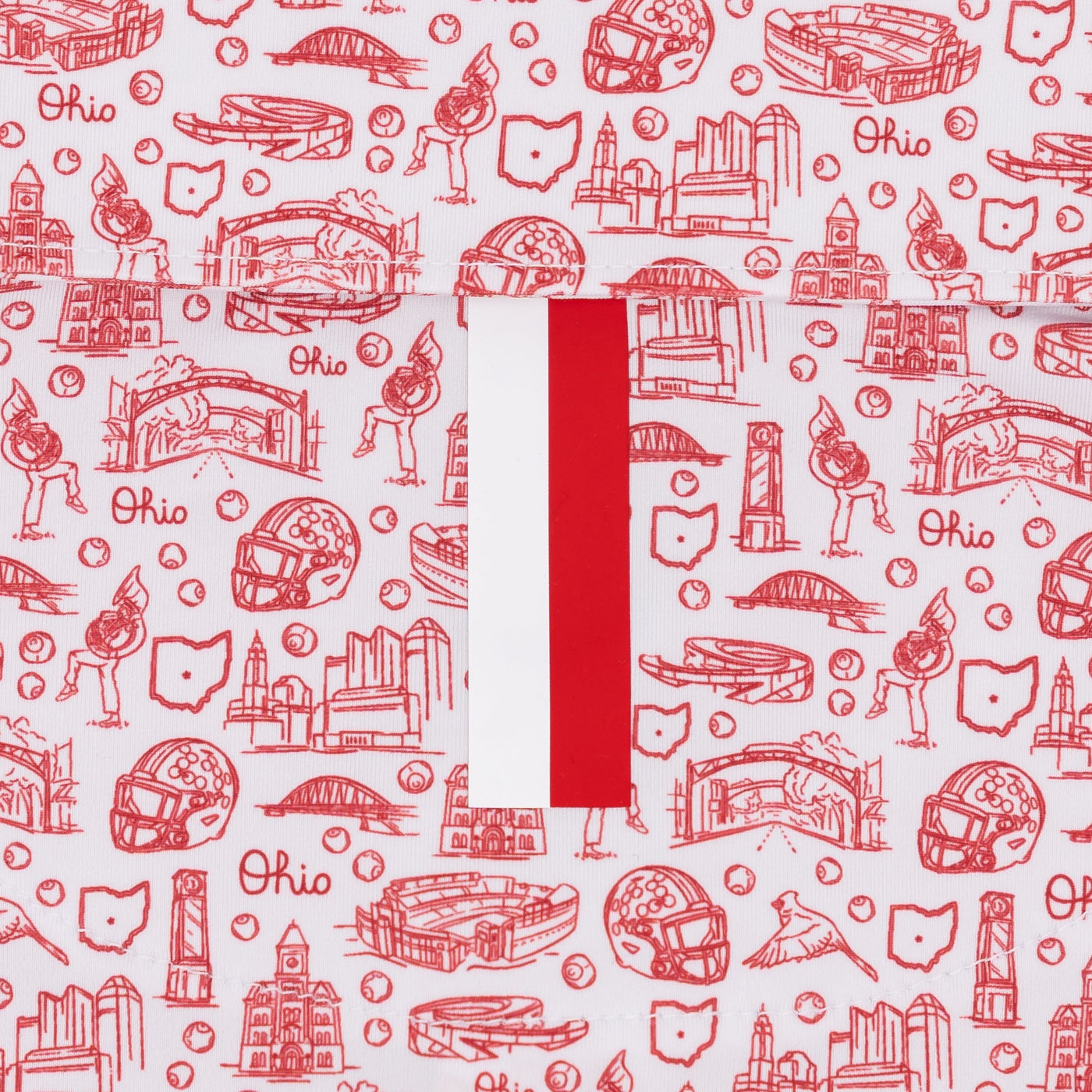 Stay cool in the RHOBACK The Ohio State Buckeye Nation® Collegiate Polo—White/Roar Red. Features white moisture-wicking fabric, red Ohio-themed icons, and a bold vertical red stripe for classic Buckeye style.