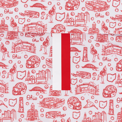 Stay cool in the RHOBACK The Ohio State Buckeye Nation® Collegiate Polo—White/Roar Red. Features white moisture-wicking fabric, red Ohio-themed icons, and a bold vertical red stripe for classic Buckeye style.