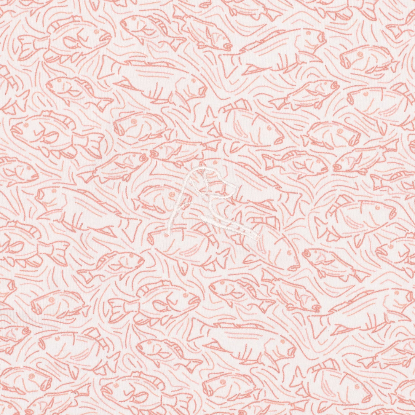 A hand-drawn style pattern of pink line fish in various sizes decorates The Snapper | Performance Polo by RHOBACK in White/Washed Red—ideal for breathable, moisture-wicking comfort.