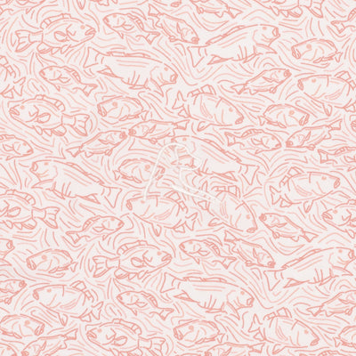 A hand-drawn style pattern of pink line fish in various sizes decorates The Snapper | Performance Polo by RHOBACK in White/Washed Red—ideal for breathable, moisture-wicking comfort.
