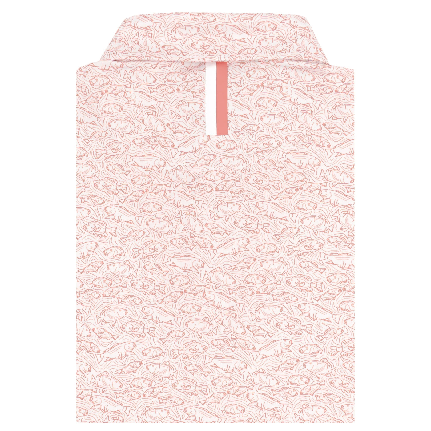 The Snapper Performance Polo by RHOBACK is a sleeveless, white and washed red top with a high collar, short zipper, and breathable fabric featuring a subtle floral line pattern for style and comfort.
