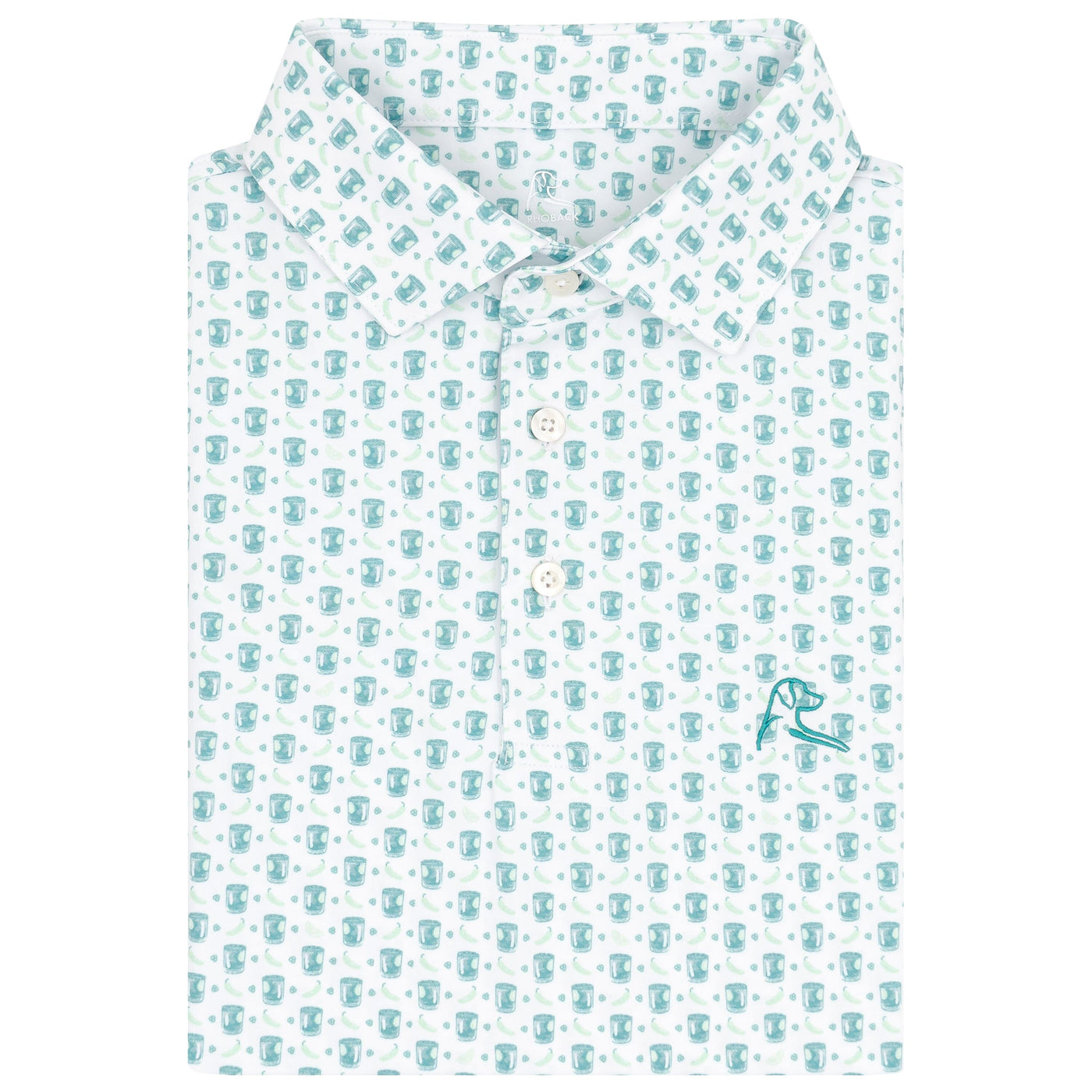The Spicy Marg Performance Polo by RHOBACK in White/Robins Egg features a light blue illustrated fish and hook pattern, breathable fabric, and a light blue embroidered logo on the lower right chest.