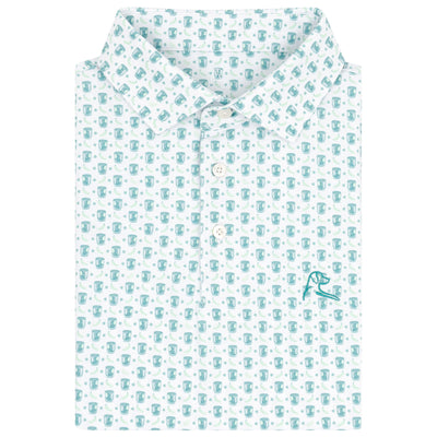 The Spicy Marg Performance Polo by RHOBACK in White/Robins Egg features a light blue illustrated fish and hook pattern, breathable fabric, and a light blue embroidered logo on the lower right chest.