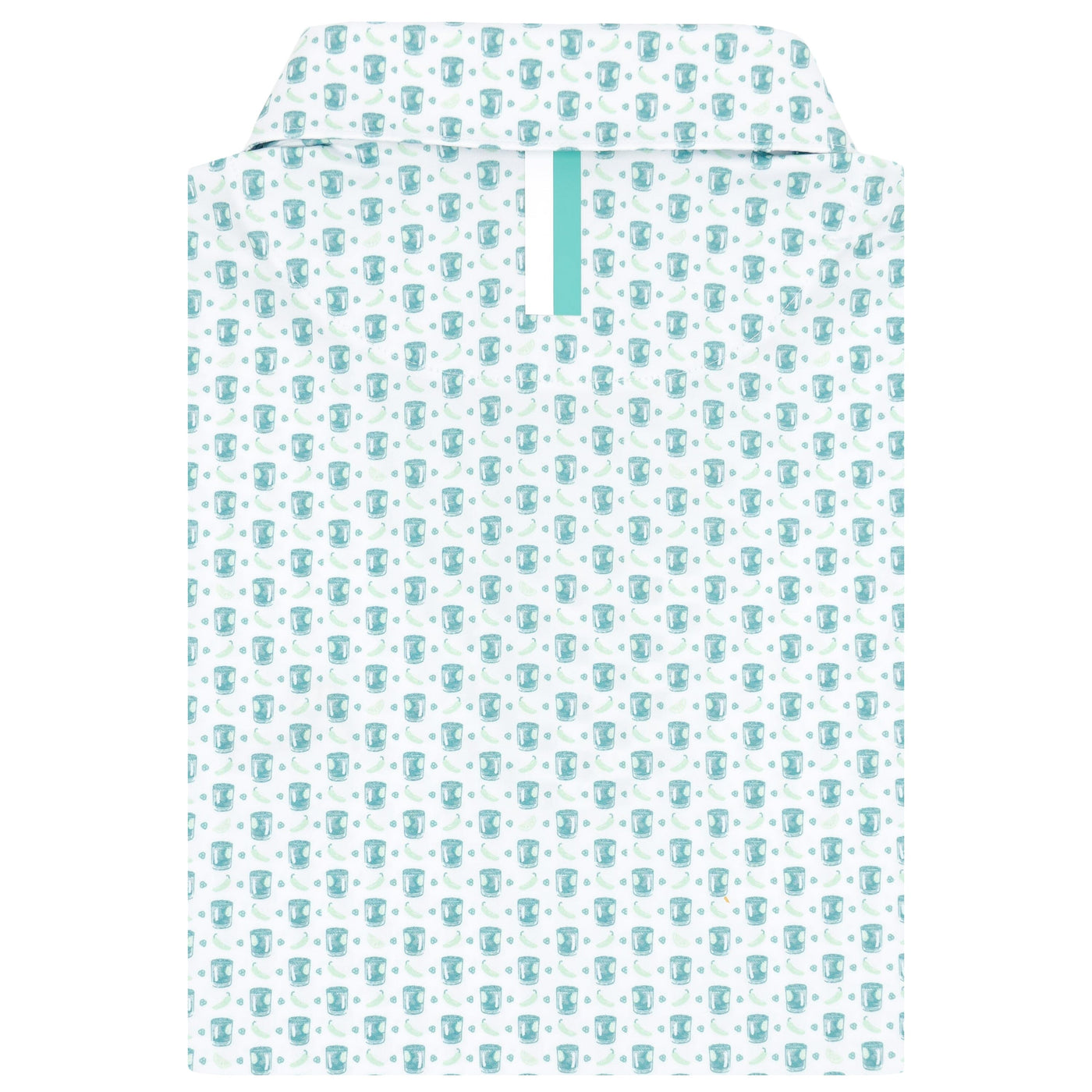 The RHOBACK Spicy Marg Performance Polo is crafted from breathable fabric and features a white background with blue and teal cartoon elephants and a turquoise-accented placket.