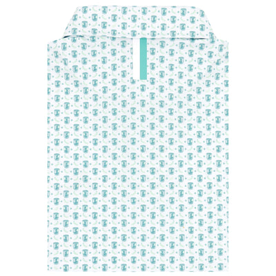 The RHOBACK Spicy Marg Performance Polo is crafted from breathable fabric and features a white background with blue and teal cartoon elephants and a turquoise-accented placket.