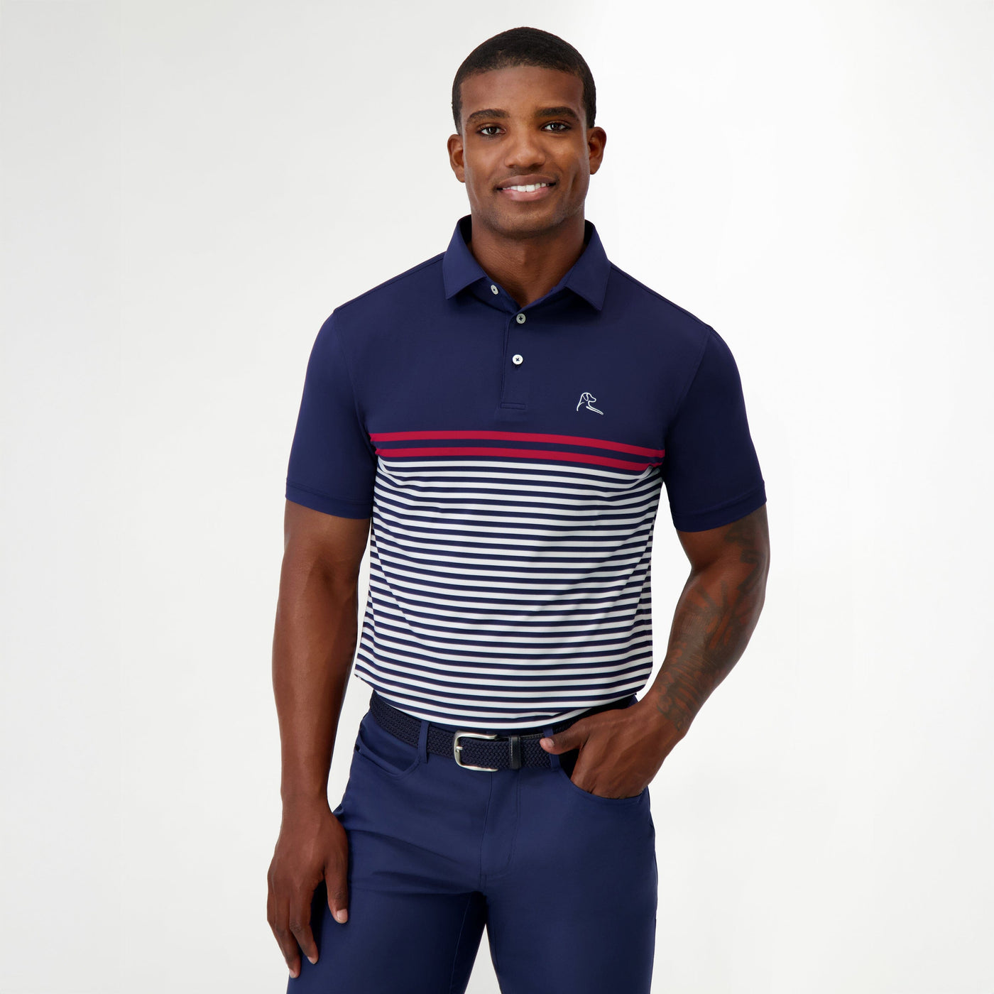 The Storm Stripe | Performance Polo | The Storm Stripe - Fleet Navy/White/Cardinal Red