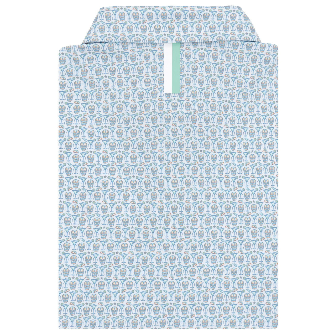 The Sugar Skull Performance Polo by RHOBACK in white/maritime blue has an abstract circular pattern and a mint green accent stripe inside the collar, all crafted from moisture-wicking fabric for enhanced comfort.