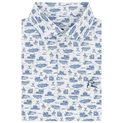 The UVA Grounds Collegiate Polo by RHOBACK features a blue and white nautical print with boats, fish, pelicans, and coastal scenes. This short-sleeve, button-up shirt offers four-way stretch and moisture-wicking fabric for all-day comfort.